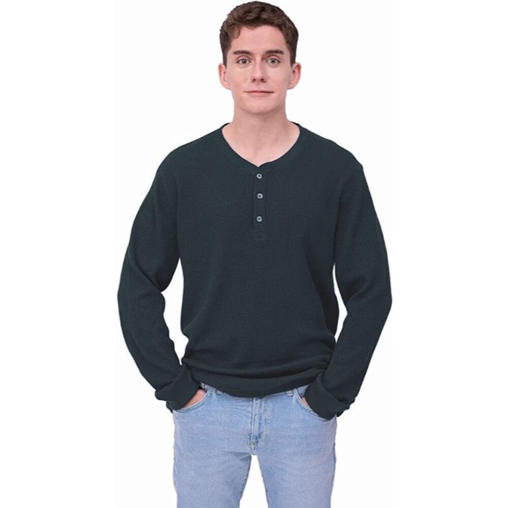 Henley Cotton Long Sleeve T-Shirt Waffle Fabric Breathable Layered Shirt Sz M